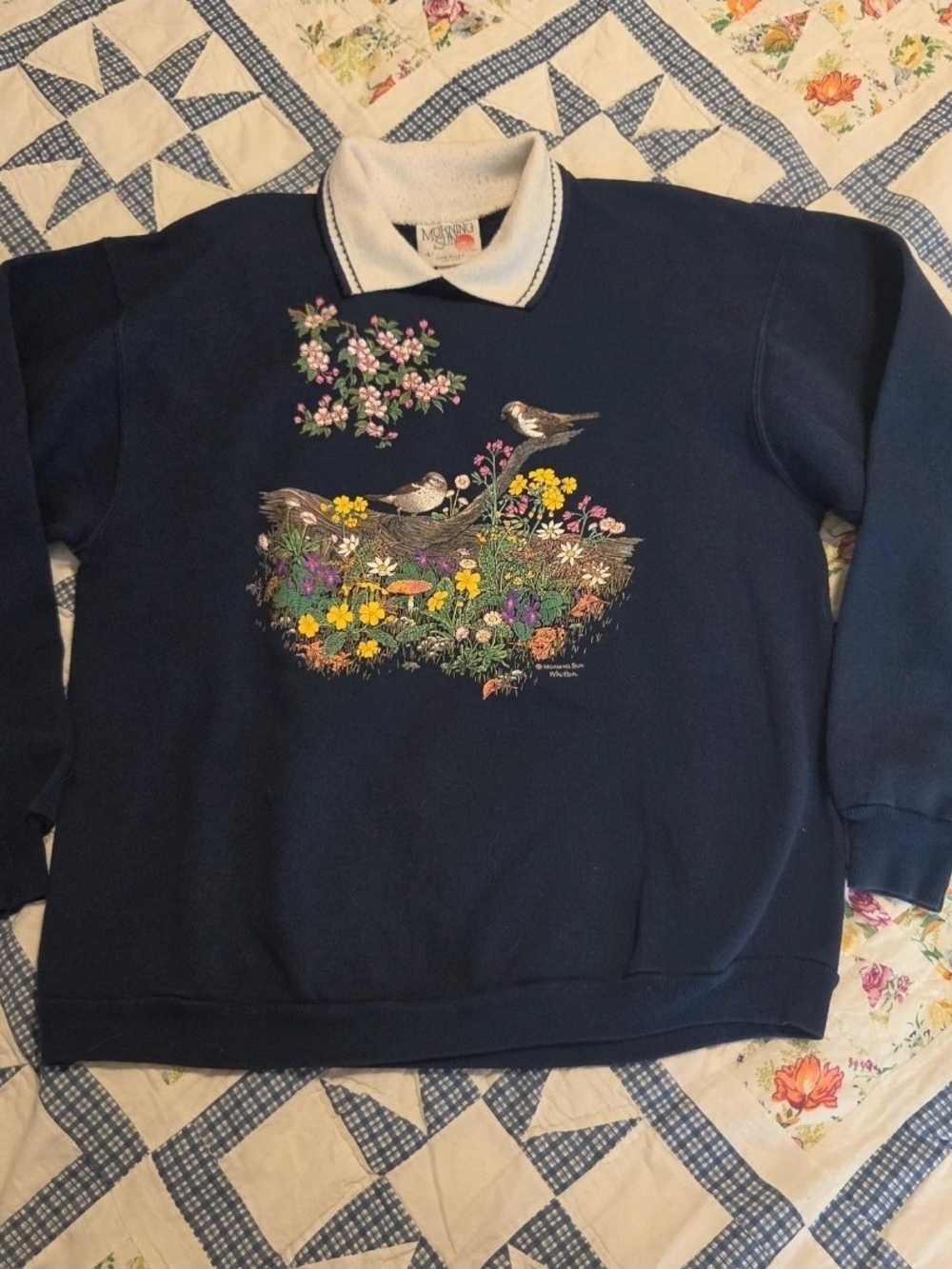 Vintage 90s Cottagecore Garden Birds Collared Sweatshirt